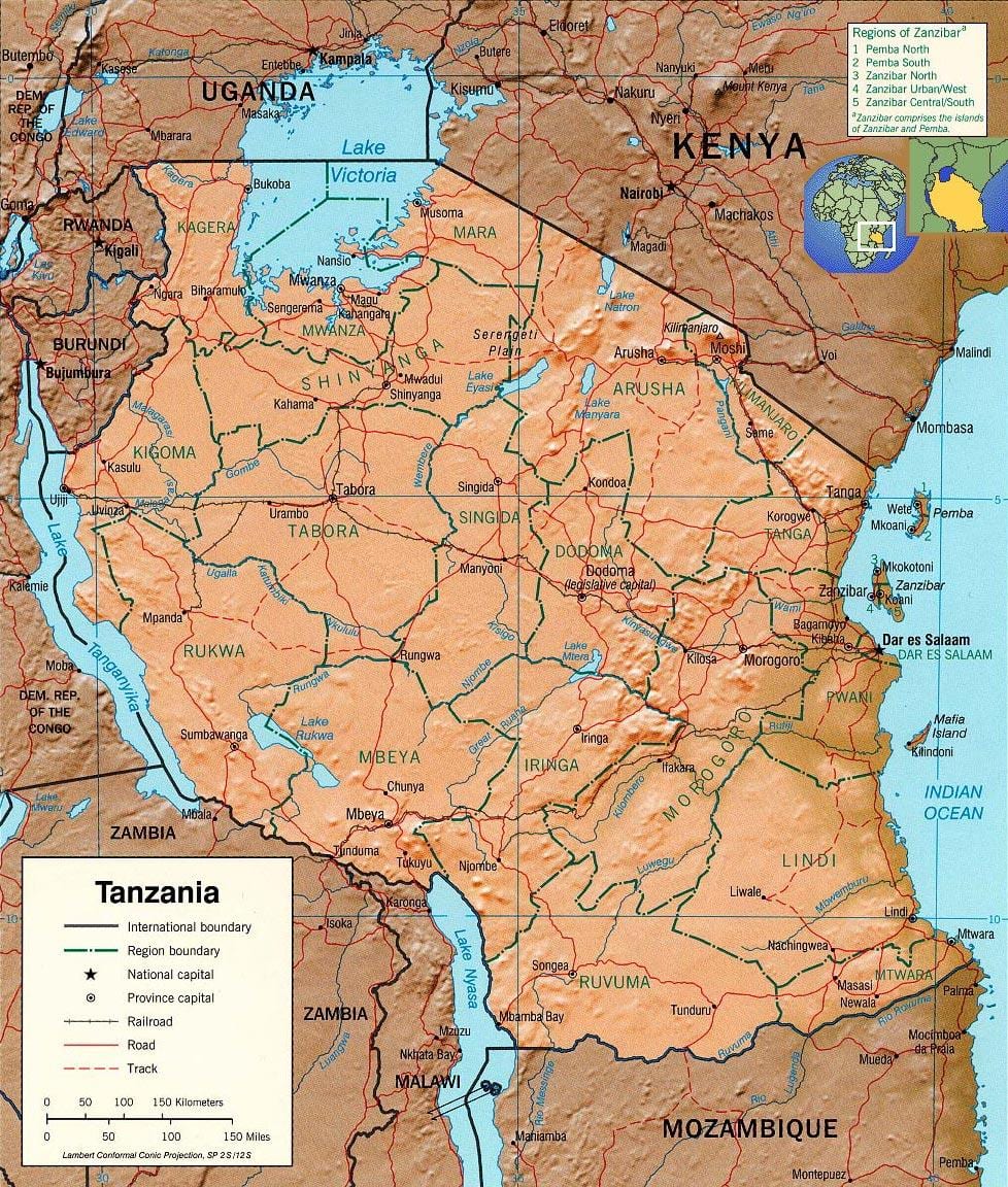 タンザニアの地理的地図
