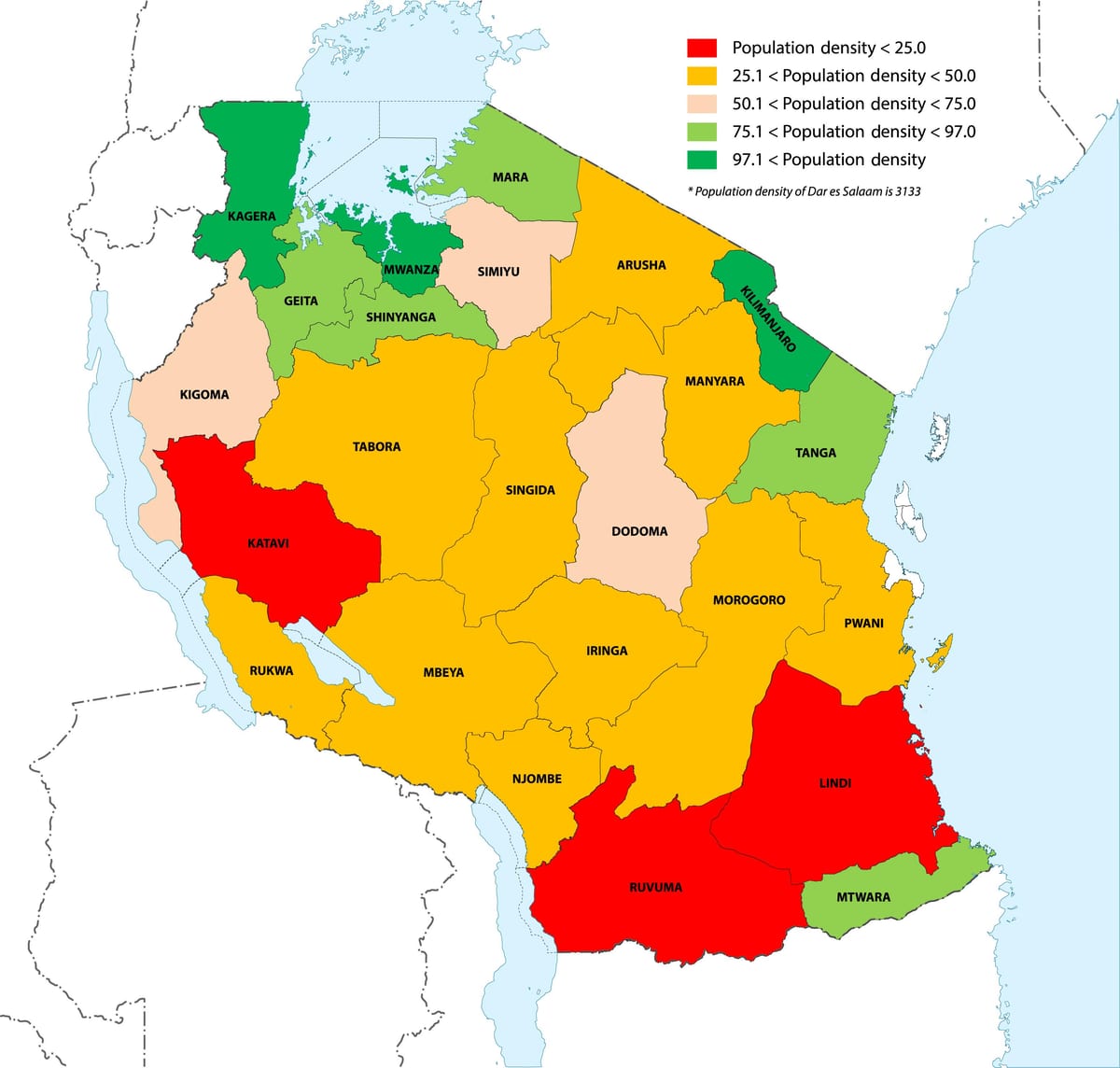 タンザニア人口密度の地図