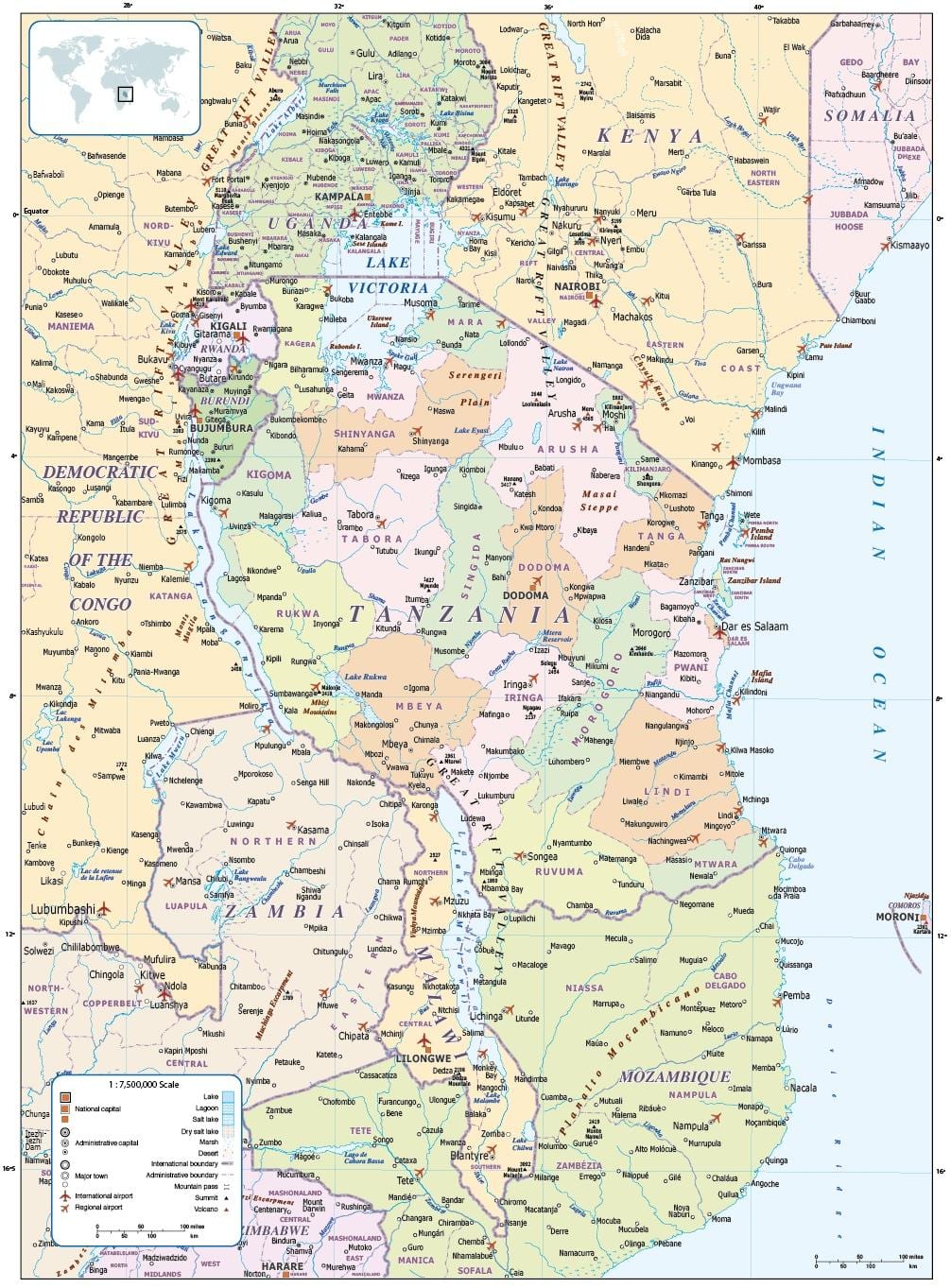 地図のタンザニア周辺国