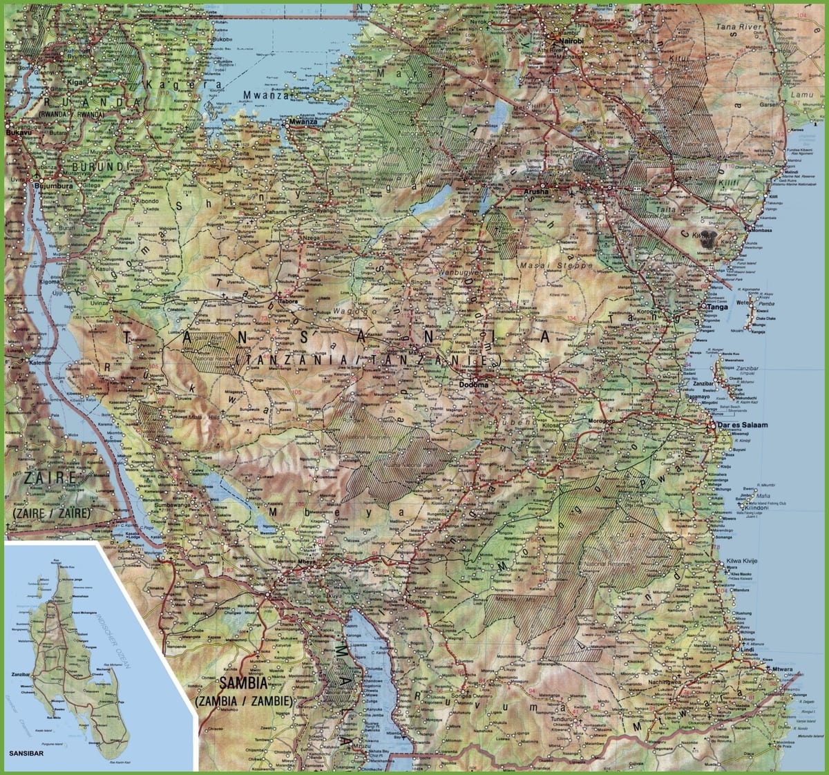 地図の詳細なタンザニア