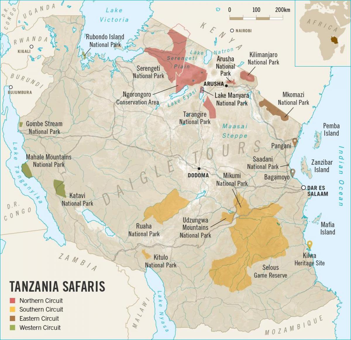 地図のタンザニアのサファリ 