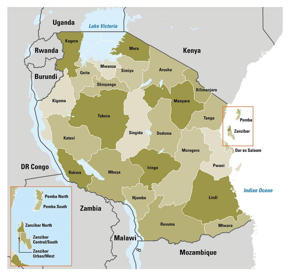 地図のタンザニア地域を示す