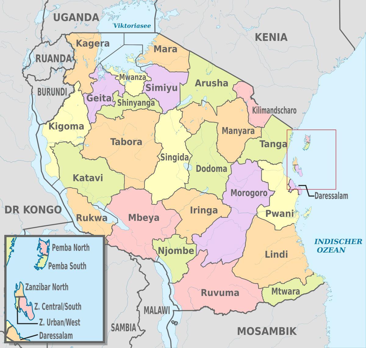 タンザニアのマップ新たな地域