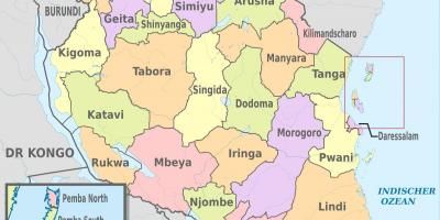 タンザニアのマップ新たな地域